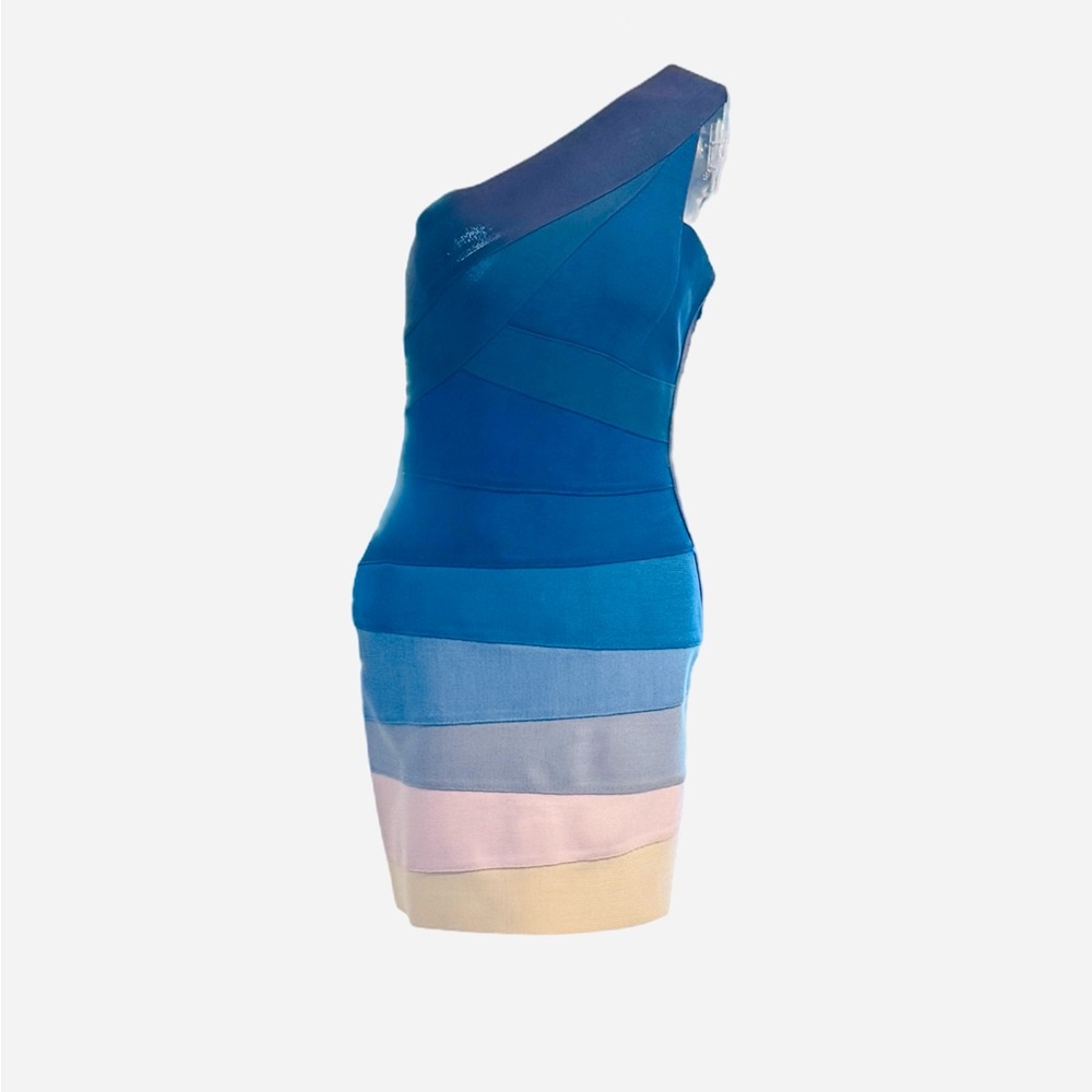 Herve Leger Blue One Shoulder Bodycon Dress